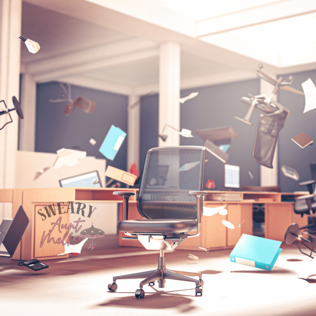 Life disruption is chaos but also opportunity. A chair sits empty, symbolizing both the disruption and the opportunity while chaos rages around it. Light blue notebooks, other desk chairs, paper and more fly through the air around the chair.