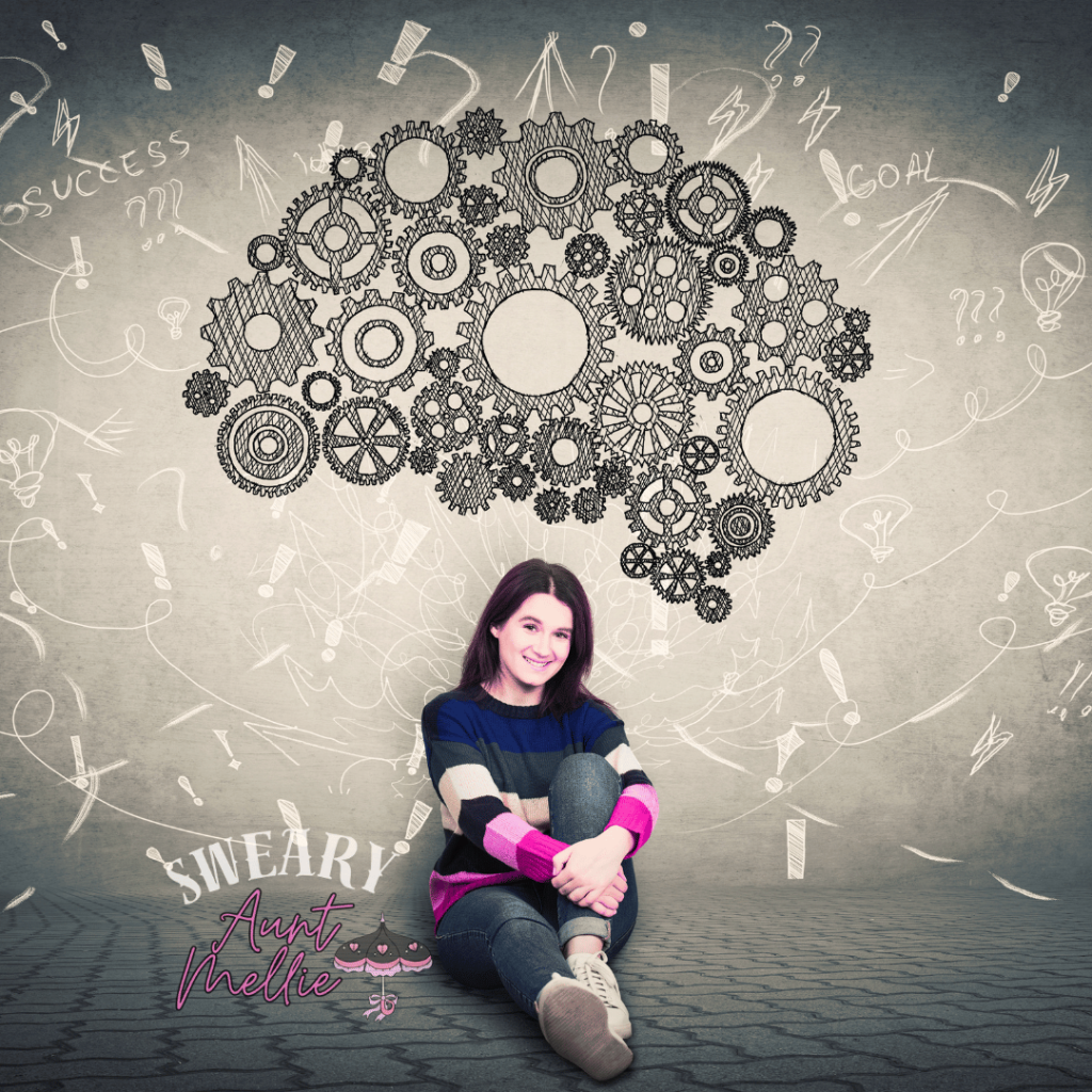 The concept of narrative sorting is displayed by a giant brain made of gears. It sets above a girl in a pink and cream sweater. Ideas are behind the gears.